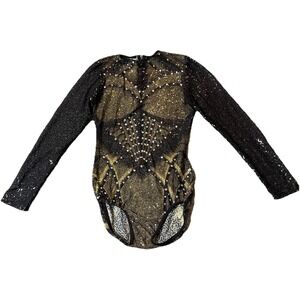 Alexandra Collection Embellished Bodysuit Sz L Black Beige Mesh Long Sleeve Slim